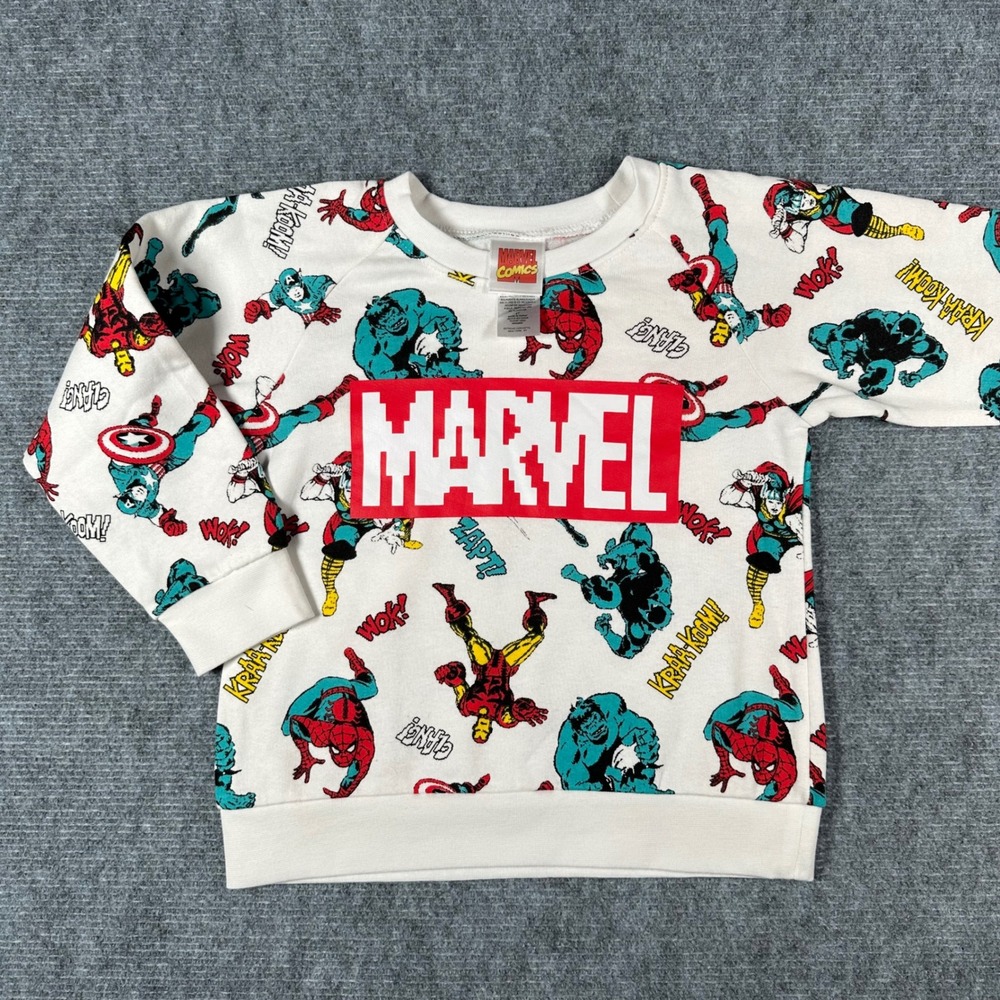 Marvel Comics Kids Sweatshirt White All Over Print Superhero Pullover Size XS